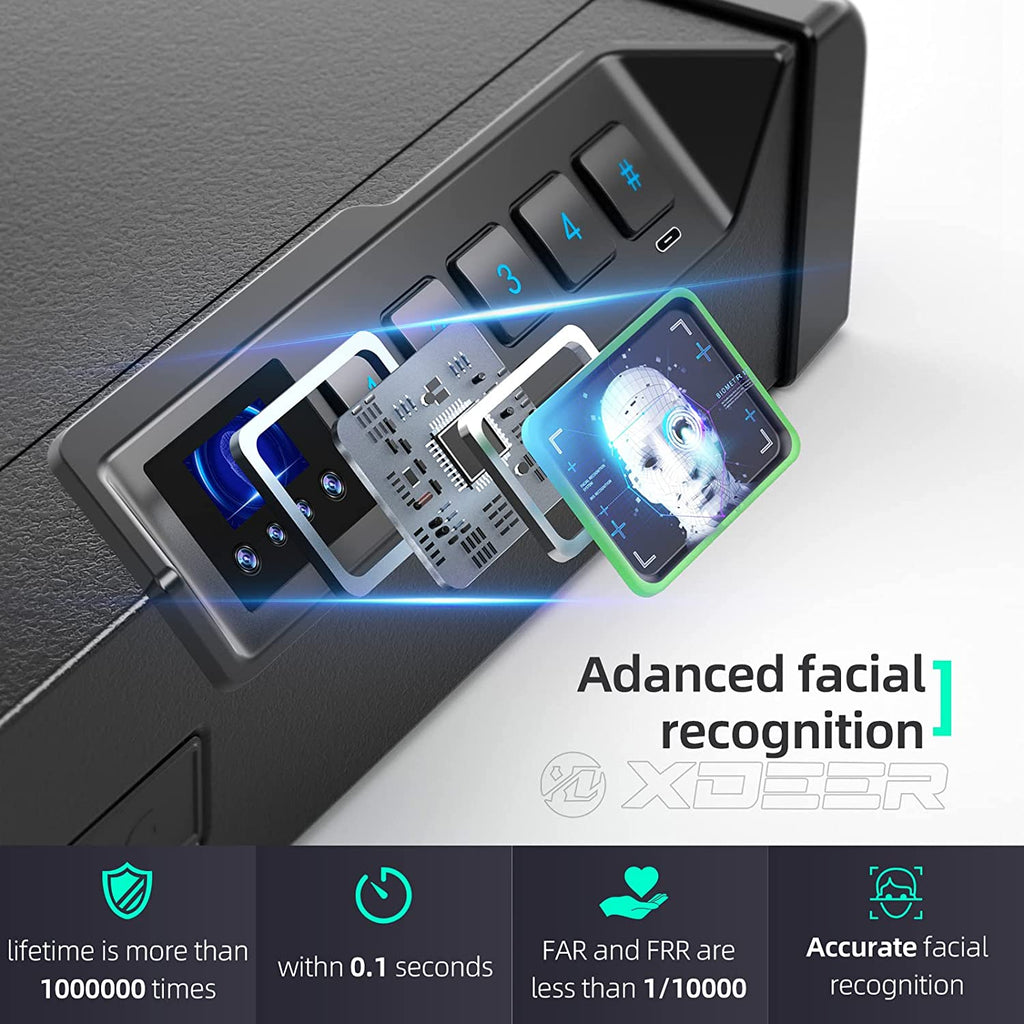 [2023 New] XDeer S10 Facial Recognition Gun Safe, Quickly Usable in The Dark, Auto-Open lid and Interior Light. Suitable for Home, nightstand, and car use