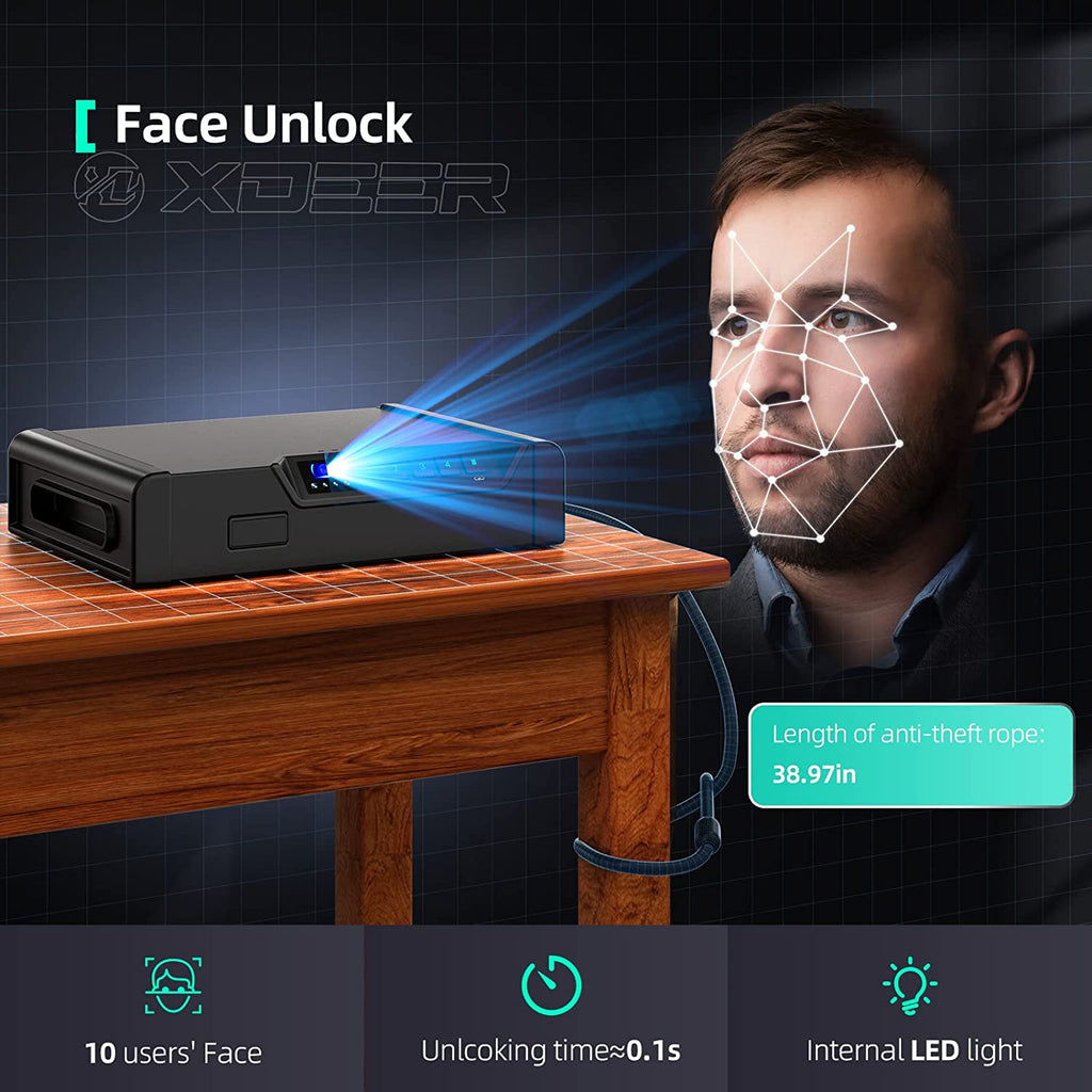 [2023 New] XDeer S10 Facial Recognition Gun Safe, Quickly Usable in The Dark, Auto-Open lid and Interior Light. Suitable for Home, nightstand, and car use